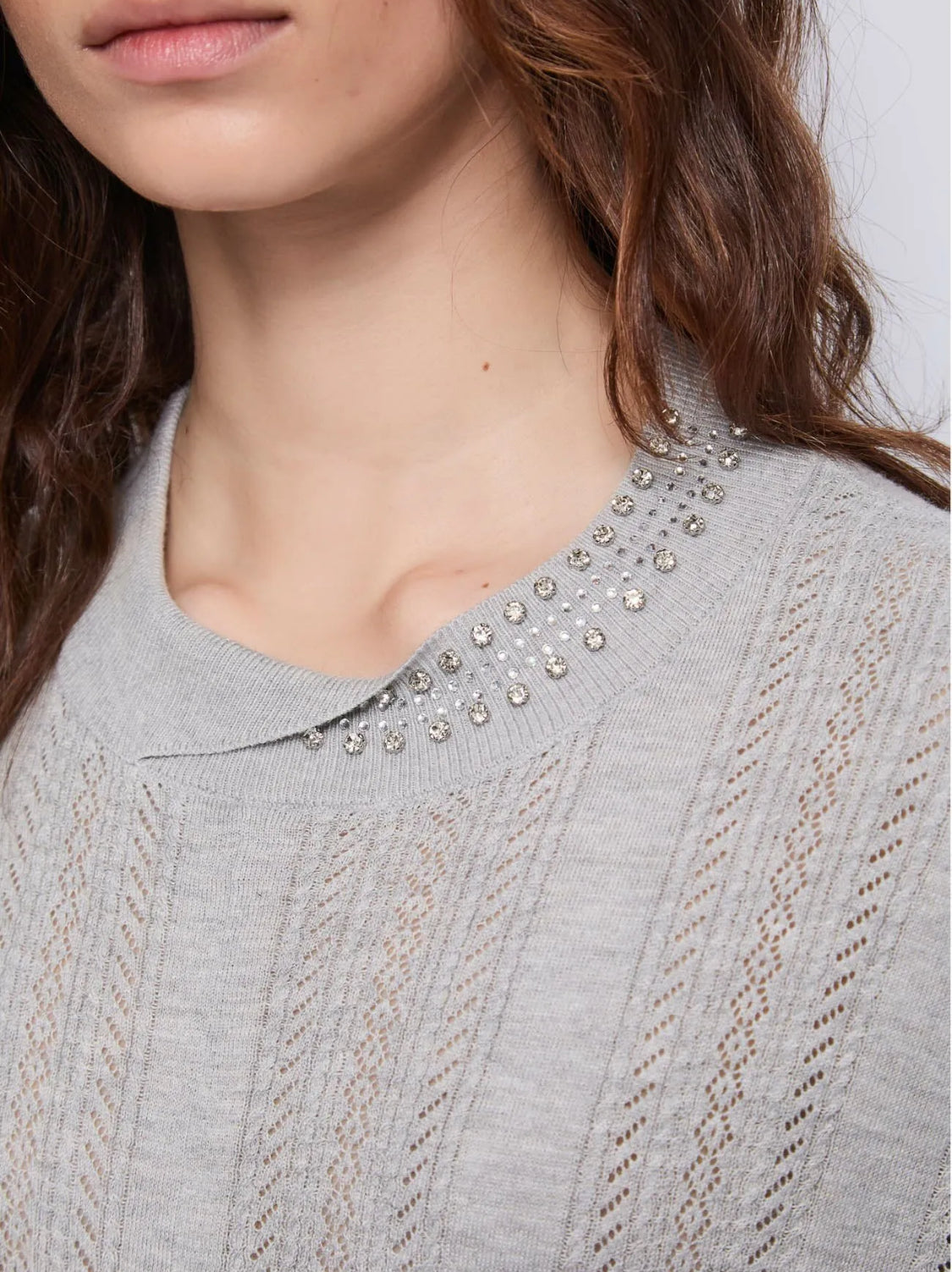Gaudi Women's grey sweater in yarn with rhinestones 521BD53049