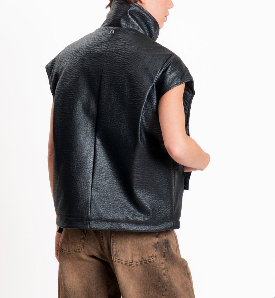 Dixie-Faux hammered leather vest with pockets - black oversized LAHLKGQA