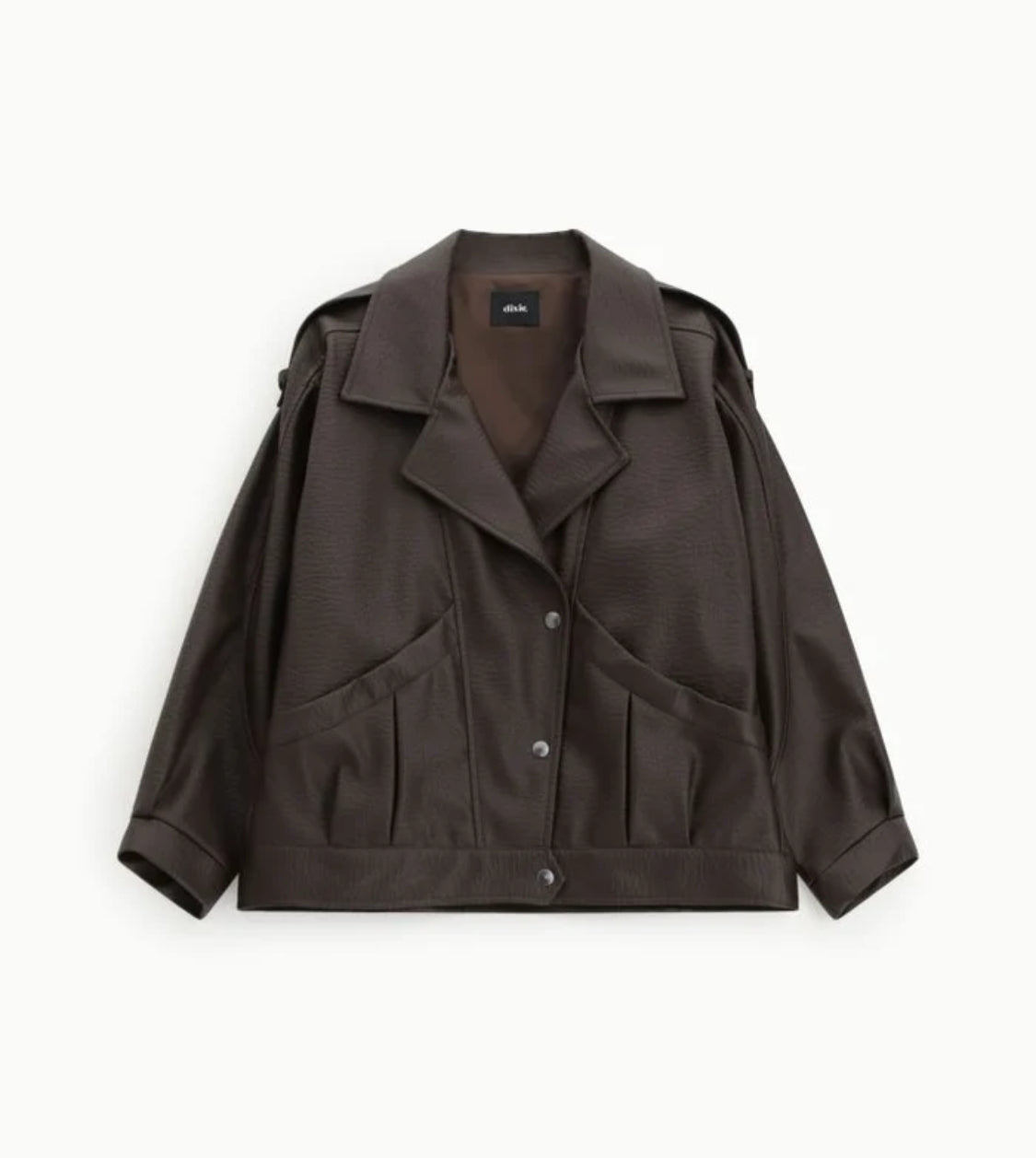 DIXIE SHORT COAT WITH WIDE LAPELS IN CHOCOLATE FAUX LEATHER
