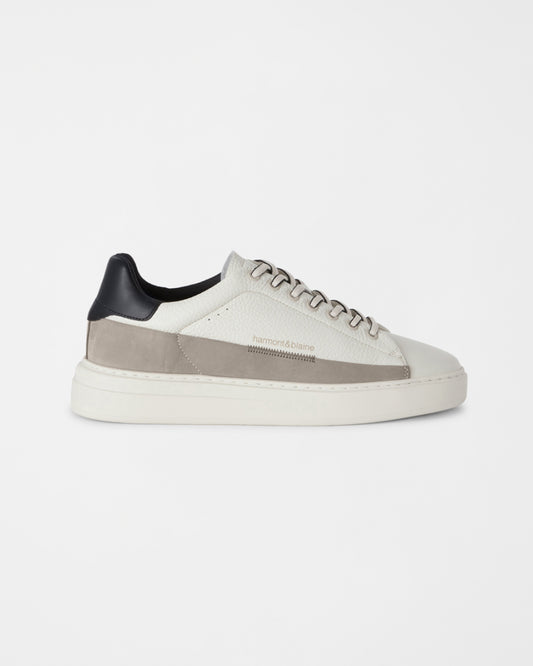 HARMOND & BLAINE Men's natural white grained leather sneakers with nubuck band