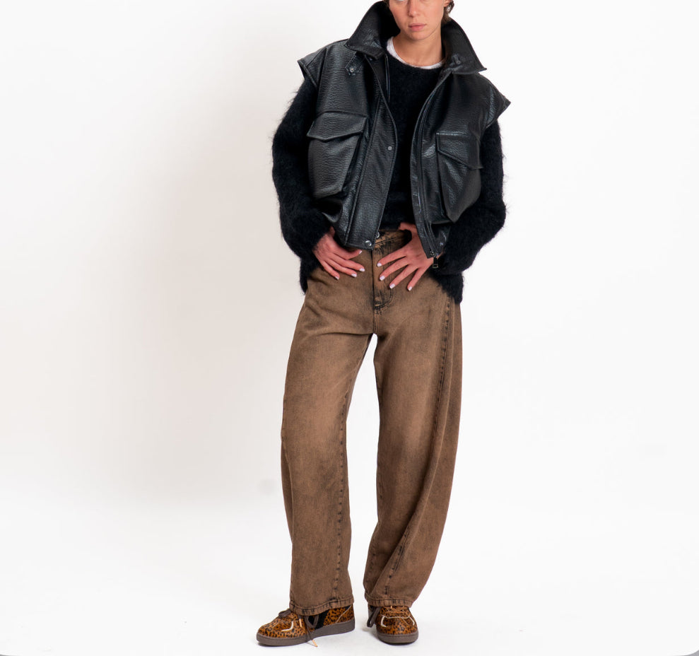 Dixie-Faux hammered leather vest with pockets - black oversized LAHLKGQA