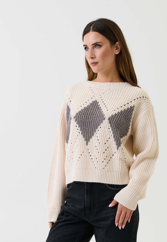 DIXIE WOMEN'S CREAM SWEATER WITH GREY DIAMONDS AND PERFORATED DETAILS