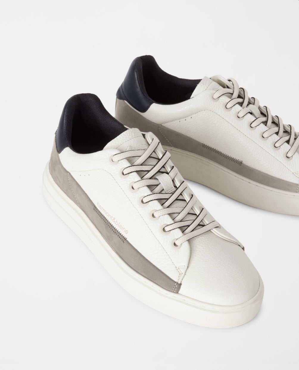 HARMOND & BLAINE Men's natural white grained leather sneakers with nubuck band