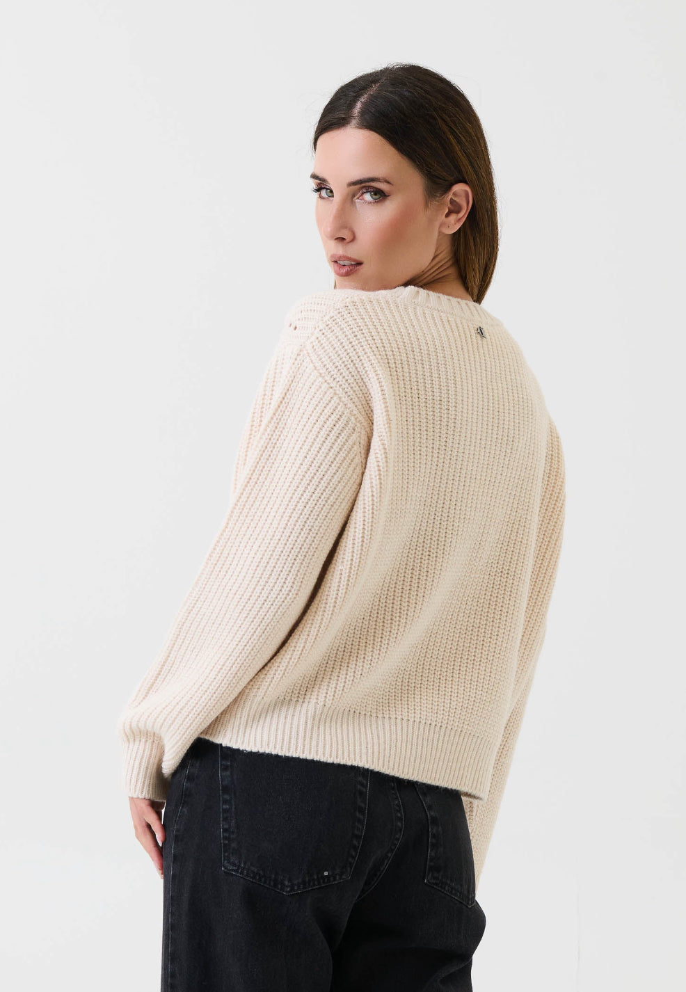 DIXIE WOMEN'S CREAM SWEATER WITH GREY DIAMONDS AND PERFORATED DETAILS