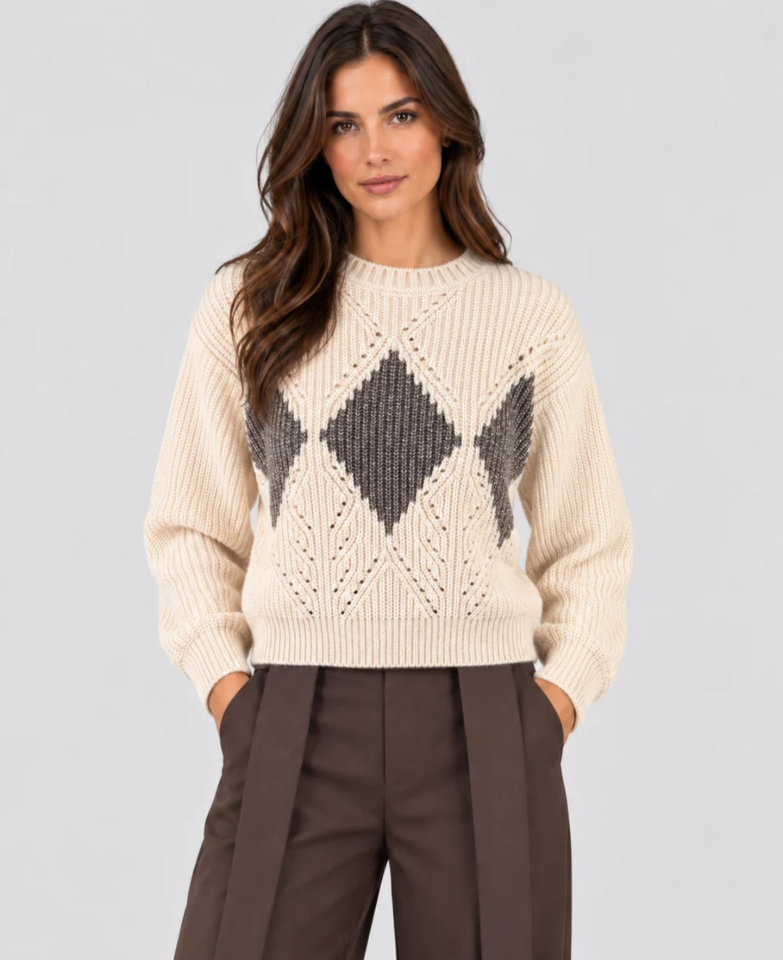 DIXIE WOMEN'S CREAM SWEATER WITH GREY DIAMONDS AND PERFORATED DETAILS