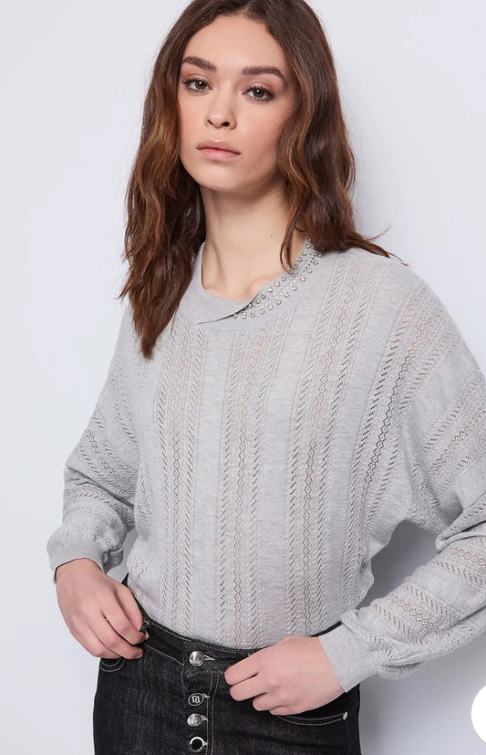 Gaudi Women's grey sweater in yarn with rhinestones 521BD53049