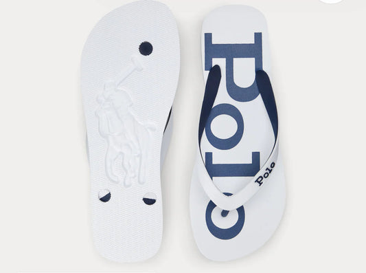 Ralph Lauren Bolt Flip Flops White Blue UNISEX