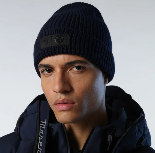 MASERATI Blue wool ribbed Beanie