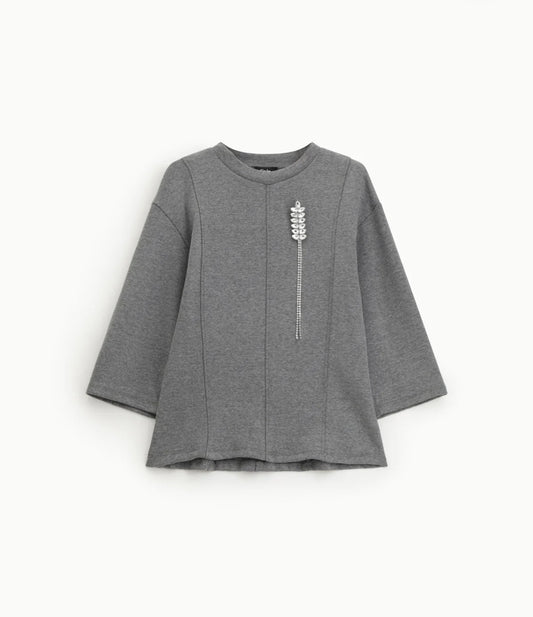 DIXIE HEATHER GREY EMBROIDERED WHEAT TRAPEZE SWEATSHIRT