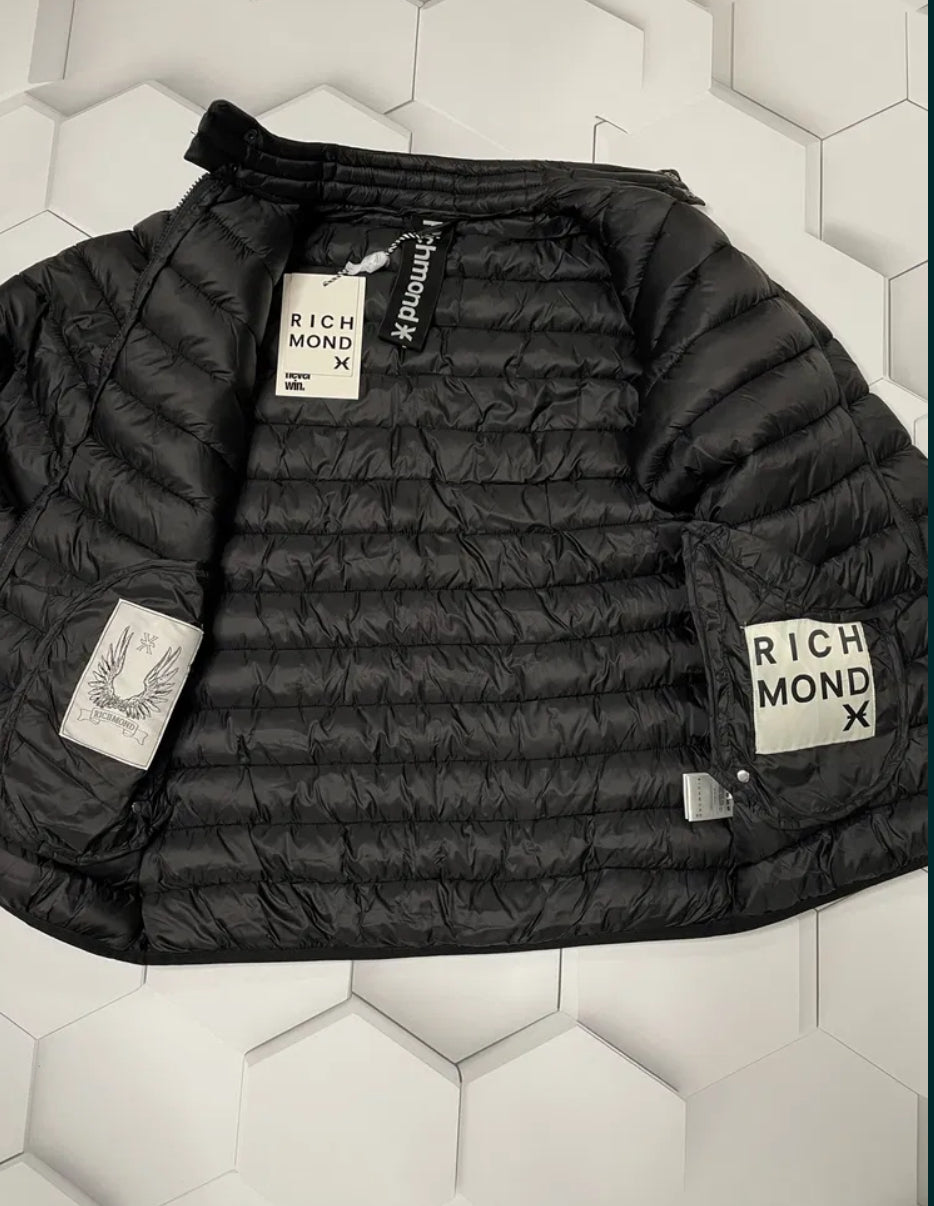 Richmond X Feather down jacket with front pockets  with cemeira, long sleeves with cuffs and high collar UMA25154PI